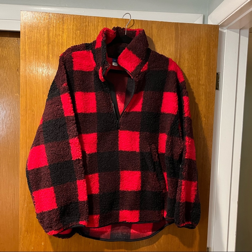 Black and red buffalo plaid fleece 3/4 zip